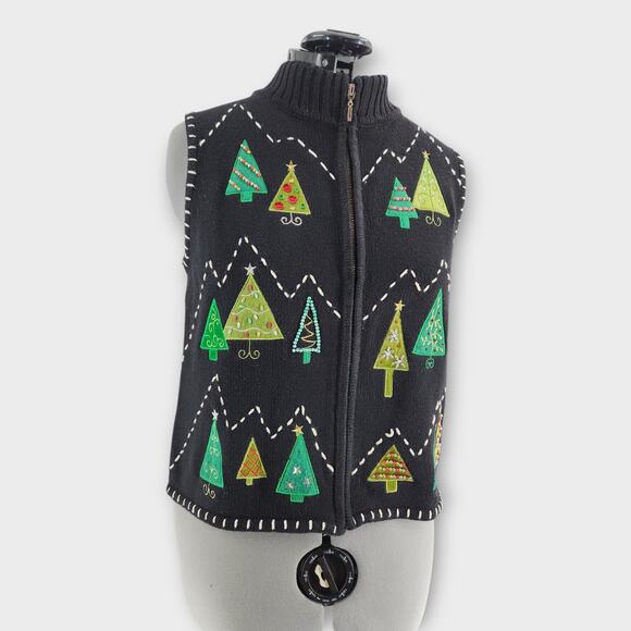 Studio Joy Knit Vest Women's PL Full zip Christmas Trees Holiday Sweater VTG - Picture 2 of 6